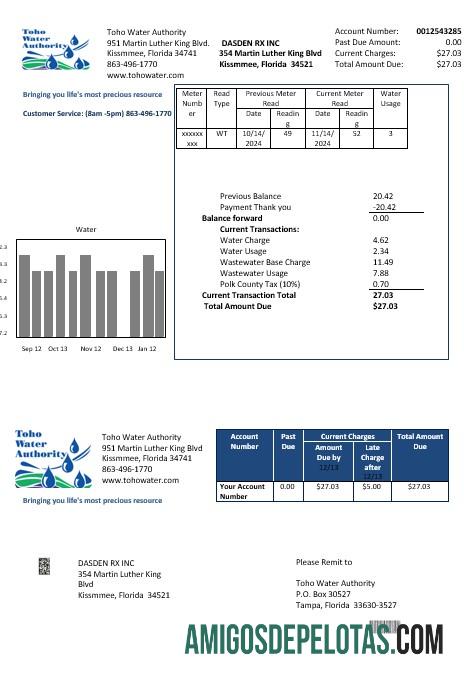 Em branco modelo de conta de serviços públicos da Autoridade de Água Toho dos EUA, Flórida, em formatos Word e PDF